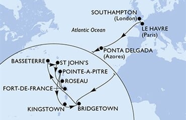 MSC Virtuosa - Velká Británie, Francie, Portugalsko, Barbados, Sv.Kryštof a Nevis, ... (ze Southamptonu)