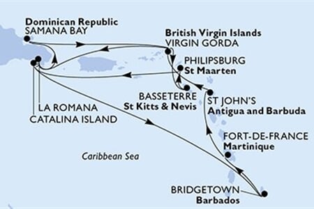 MSC OPERA - Barbados, Martinik, Antigua a Barbuda, Panenské o. (britské), Dominikán.rep., ... (Bridgetown)