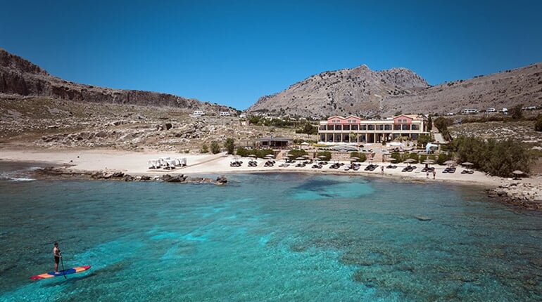 Hotel Lindian Dream SeaSide Resort (ex. Mitsis Lindos Memories): fotografie vybavení exteriérů a interiérů ubytování.