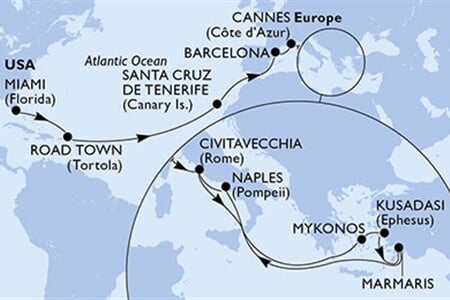 MSC DIVINA - Amerikai Egyesült Államok, Brit Virgin-szigetek, Spanyolország, Franciaország, Olaszország, ... (a Miami-ből)