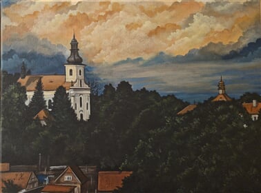 akryl na plátně 40x30, Horky nad Jizerou - kostel sv. Mikuláše