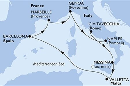 MSC WORLD EUROPA - Olaszország, Málta, Spanyolország, Franciaország (a Civitavecchia-ből)