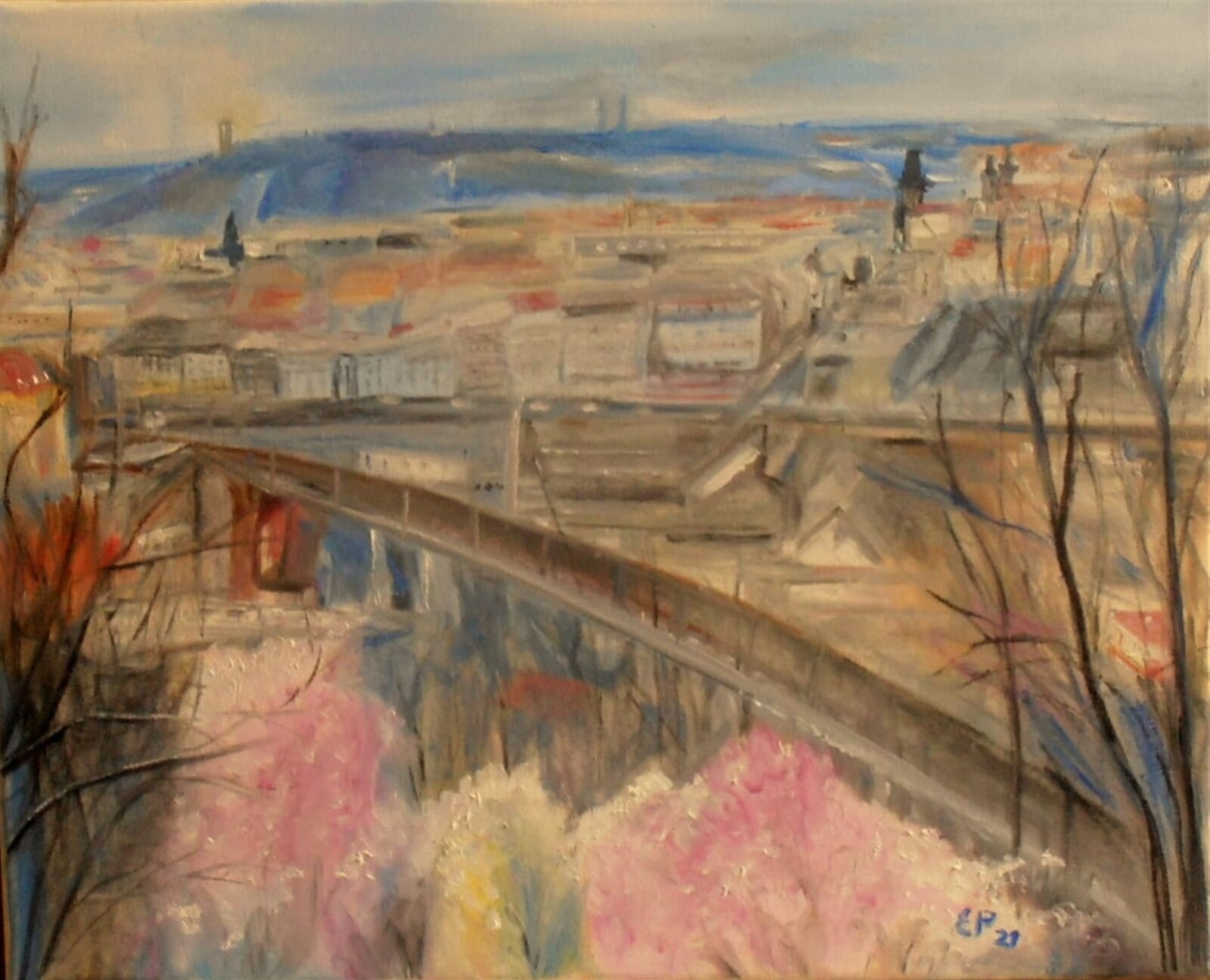 Eva Průšová: Pohled na most v máji, 40 × 50 cm