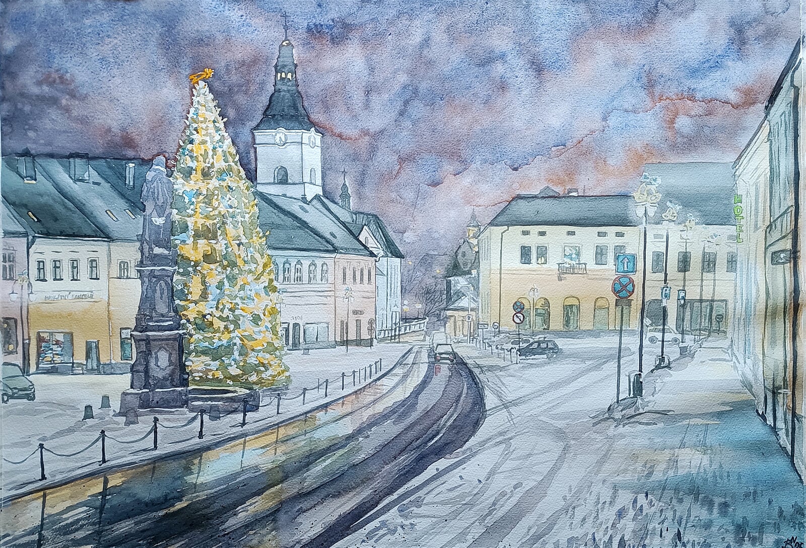 Blažena Niemcová: Zimní večer na náměstí v Jablunkově, 50 × 70 cm