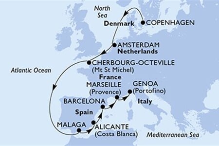 MSC EURIBIA - Dánia, Hollandia, Franciaország, Spanyolország, Olaszország (a Koppenhága-ből)