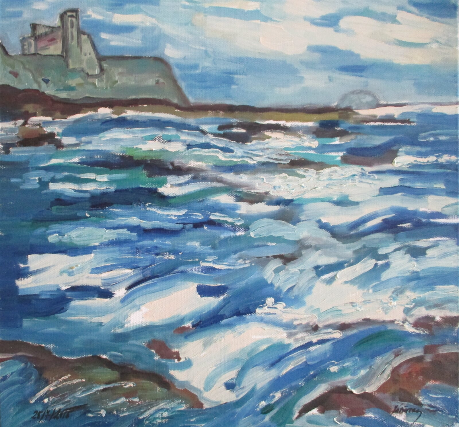 Jaroslava Jáněová: Tantallon Castle and Bass Rock, Skotsko, 50 × 50 cm
