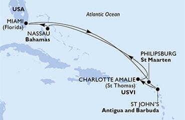 MSC Meraviglia - USA, Nizozemské Antily, Antigua a Barbuda, Panenské o. (americké), Bahamy (z Miami)