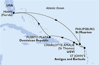 MSC Meraviglia - USA, Nizozemské Antily, Antigua a Barbuda, Panenské o. (americké), Dominikán.rep. (z Miami)