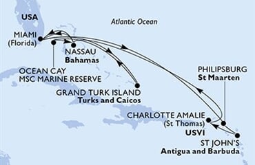 MSC Meraviglia - USA, Nizozemské Antily, Antigua a Barbuda, Panenské o. (americké), Bahamy, ... (z Miami)