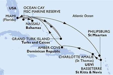 MSC MERAVIGLIA - USA, Turks a Caicos, Bahamy, Nizozemské Antily, Sv.Kryštof a Nevis, ... (z Miami)