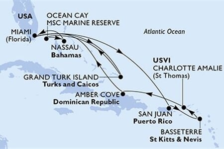 MSC MERAVIGLIA - USA, Turks a Caicos, Bahamy, Portoriko, Sv.Kryštof a Nevis, ... (z Miami)