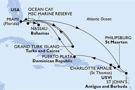 MSC MERAVIGLIA - USA, Turks a Caicos, Bahamy, Nizozemské Antily, Antigua a Barbuda, ... (z Miami)