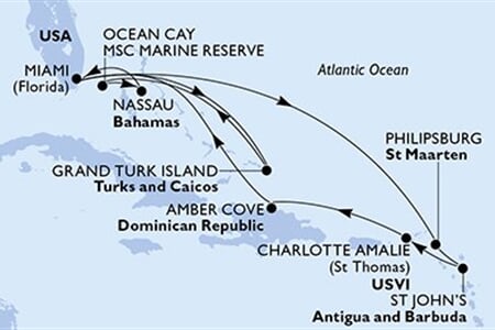 MSC MERAVIGLIA - USA, Nizozemské Antily, Antigua a Barbuda, Panenské o. (americké), Dominikán.rep., ... (z Miami)