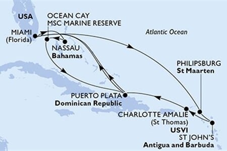 MSC MERAVIGLIA - USA, Nizozemské Antily, Antigua a Barbuda, Panenské o. (americké), Dominikán.rep., ... (z Miami)