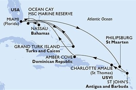 MSC MERAVIGLIA - USA, Bahamy, Turks a Caicos, Nizozemské Antily, Antigua a Barbuda, ... (z Miami)