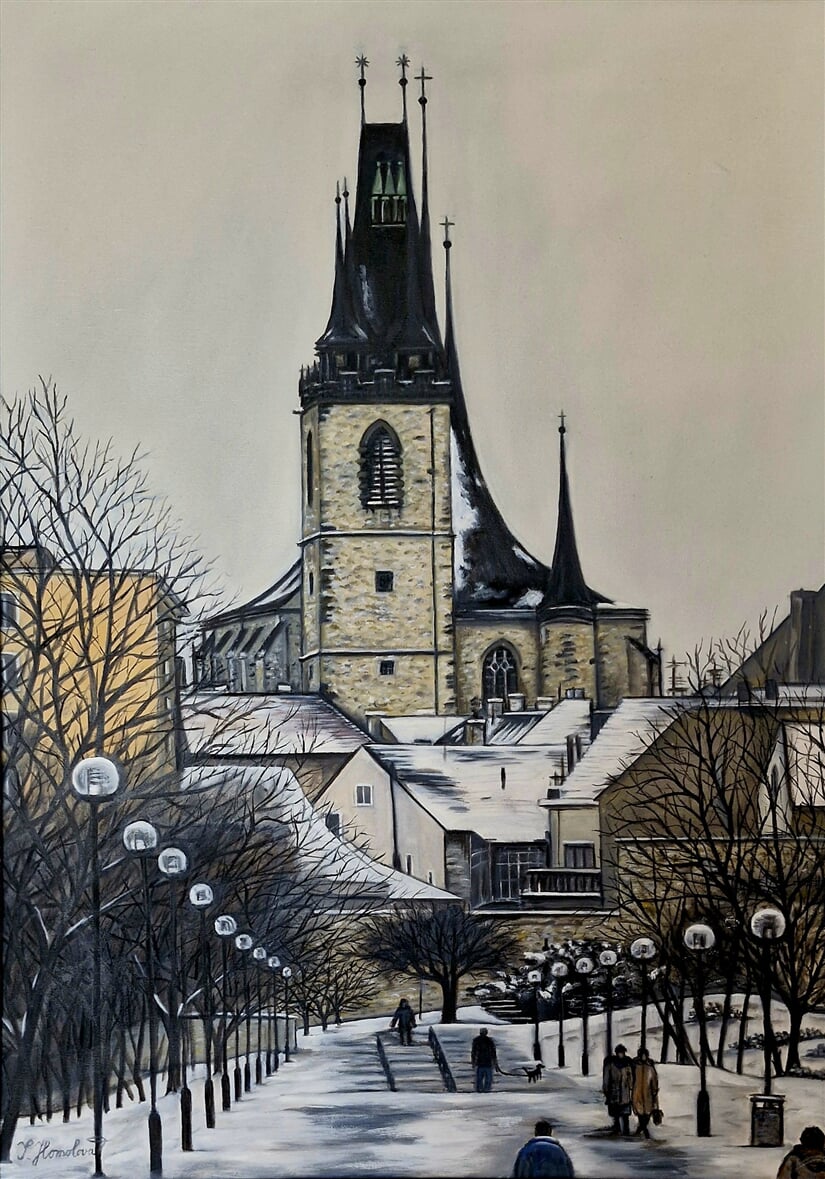 Louny   Chrám sv. Mikuláše Louny   v zimě, olej na plátně, 50x70, 02 24
