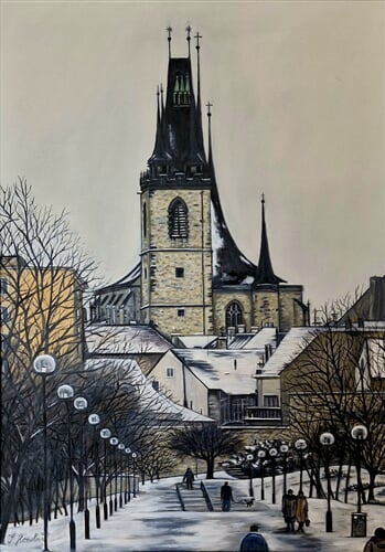 Louny   Chrám sv. Mikuláše Louny   v zimě, olej na plátně, 50x70, 02 24