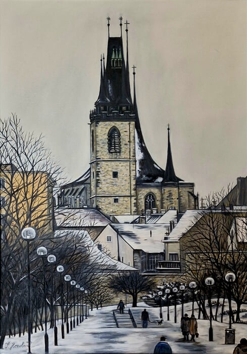 Louny   Chrám sv. Mikuláše Louny   v zimě, olej na plátně, 50x70, 02 24