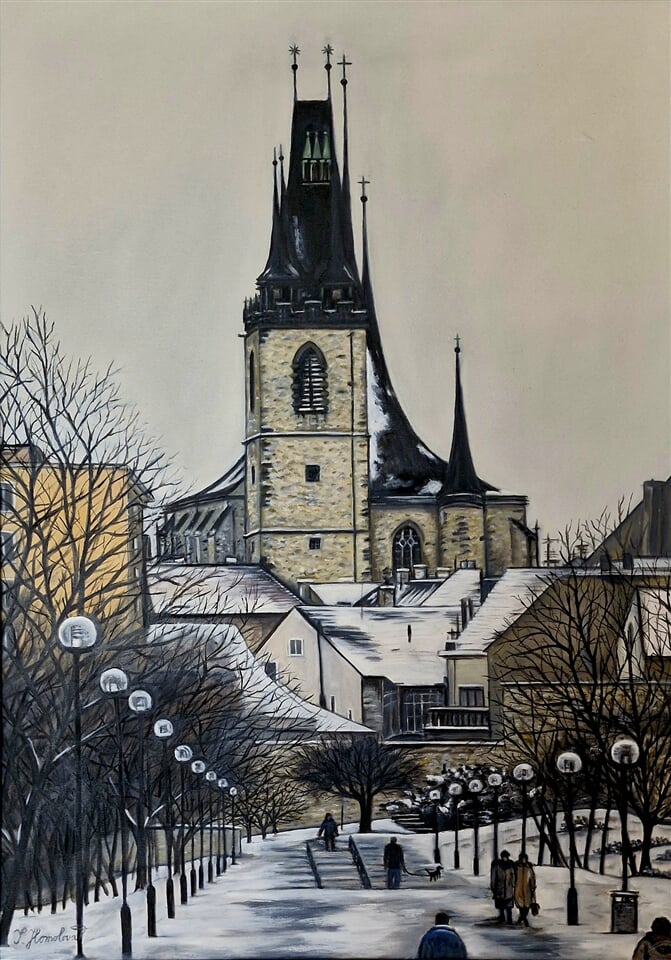 Louny   Chrám sv. Mikuláše Louny   v zimě, olej na plátně, 50x70, 02 24