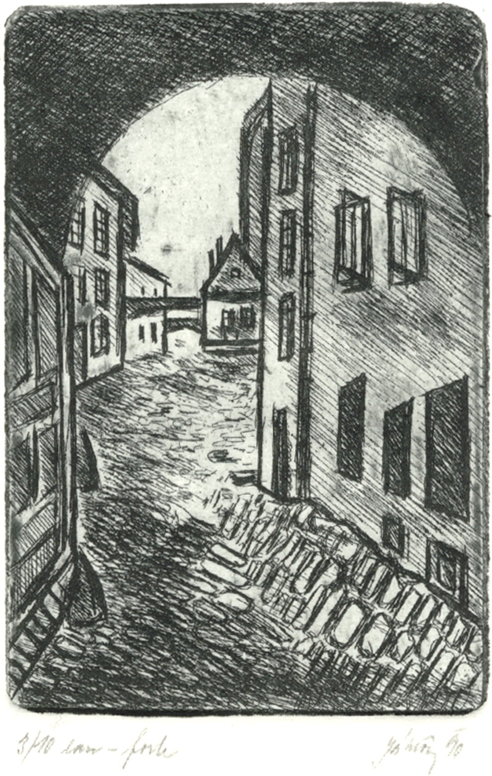 Jaroslava Jáněová: Průhled Školní uličkou, Olomouc, 9 × 6 cm