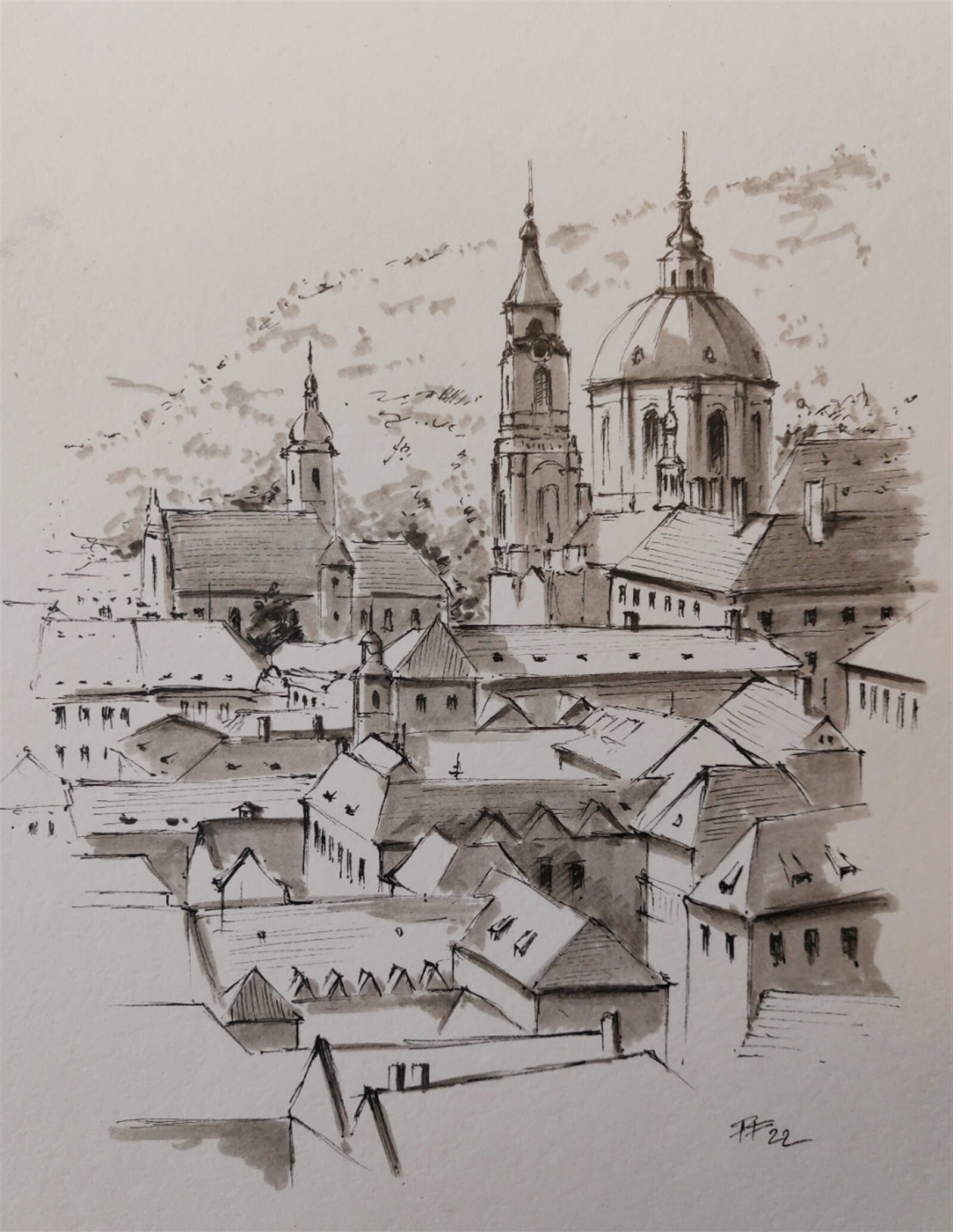 Pavel Flaška: Malá strana se svatým Mikulášem (ze zahrady Na valech), 29 × 20 cm