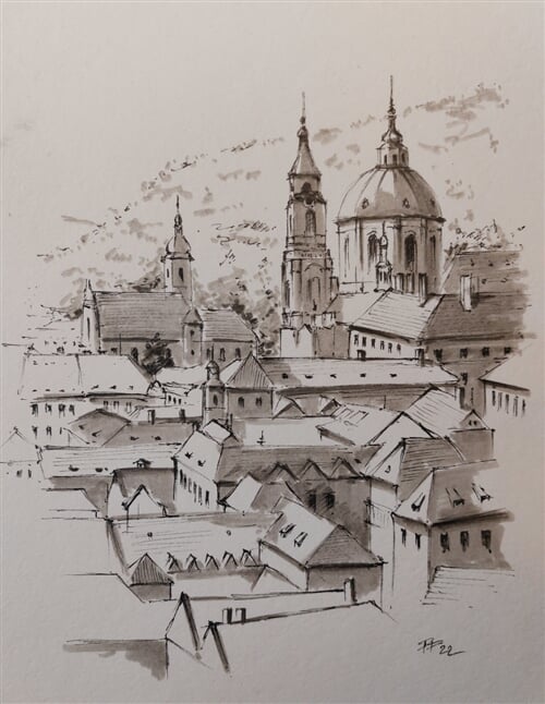 Malá strana se svatým Mikulášem (ze zahrady Na valech)