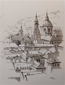 Malá strana se svatým Mikulášem (ze zahrady Na valech)