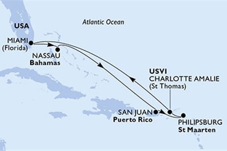 MSC MERAVIGLIA - USA, Bahamy, Portoriko, Nizozemské Antily, Panenské o. (americké) (z Miami)