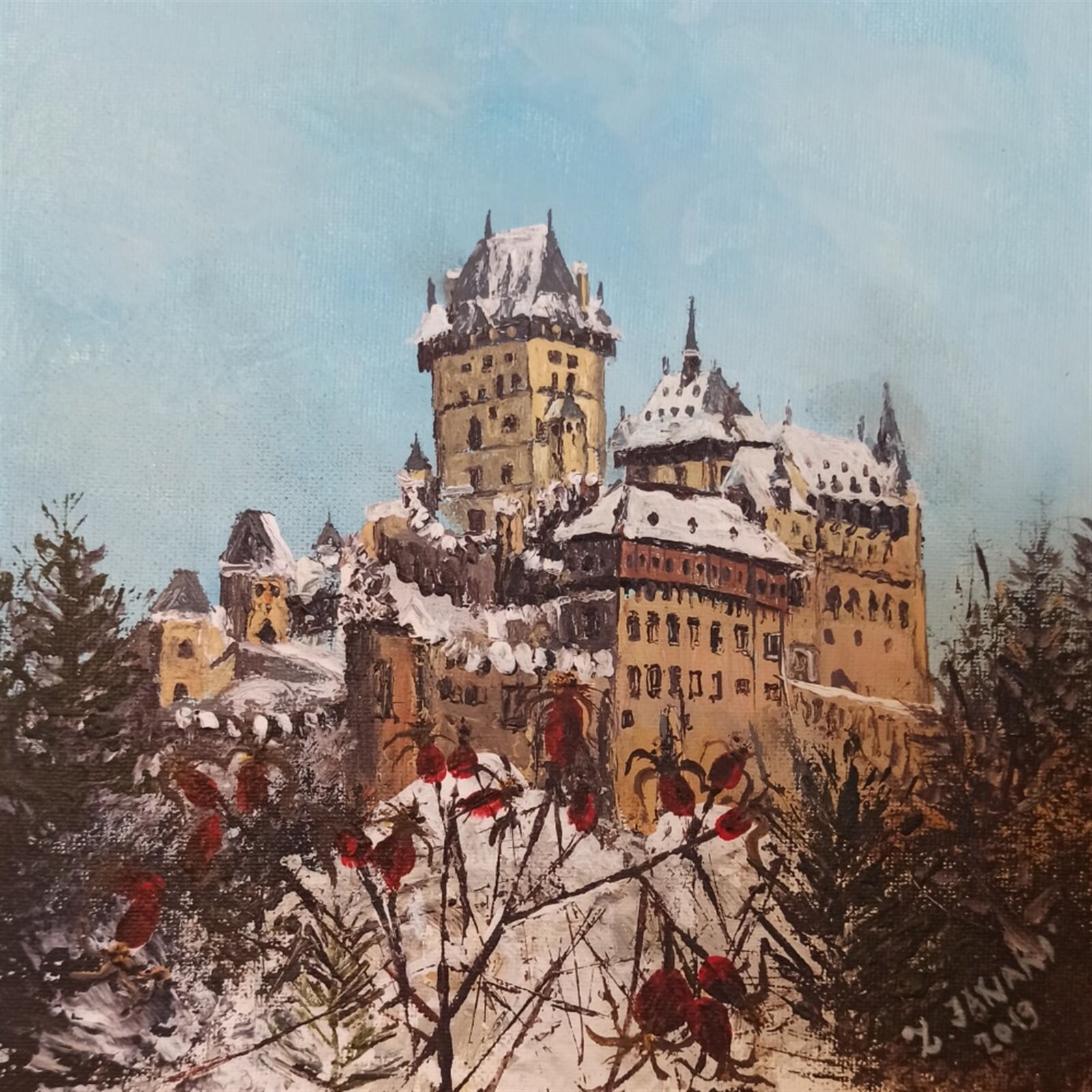  Janaki: Zimní Karlštejn se šípky, 22 × 22 cm