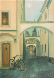 Školní ulička v Olomouci, olej na plátně, 60 x 80 cm