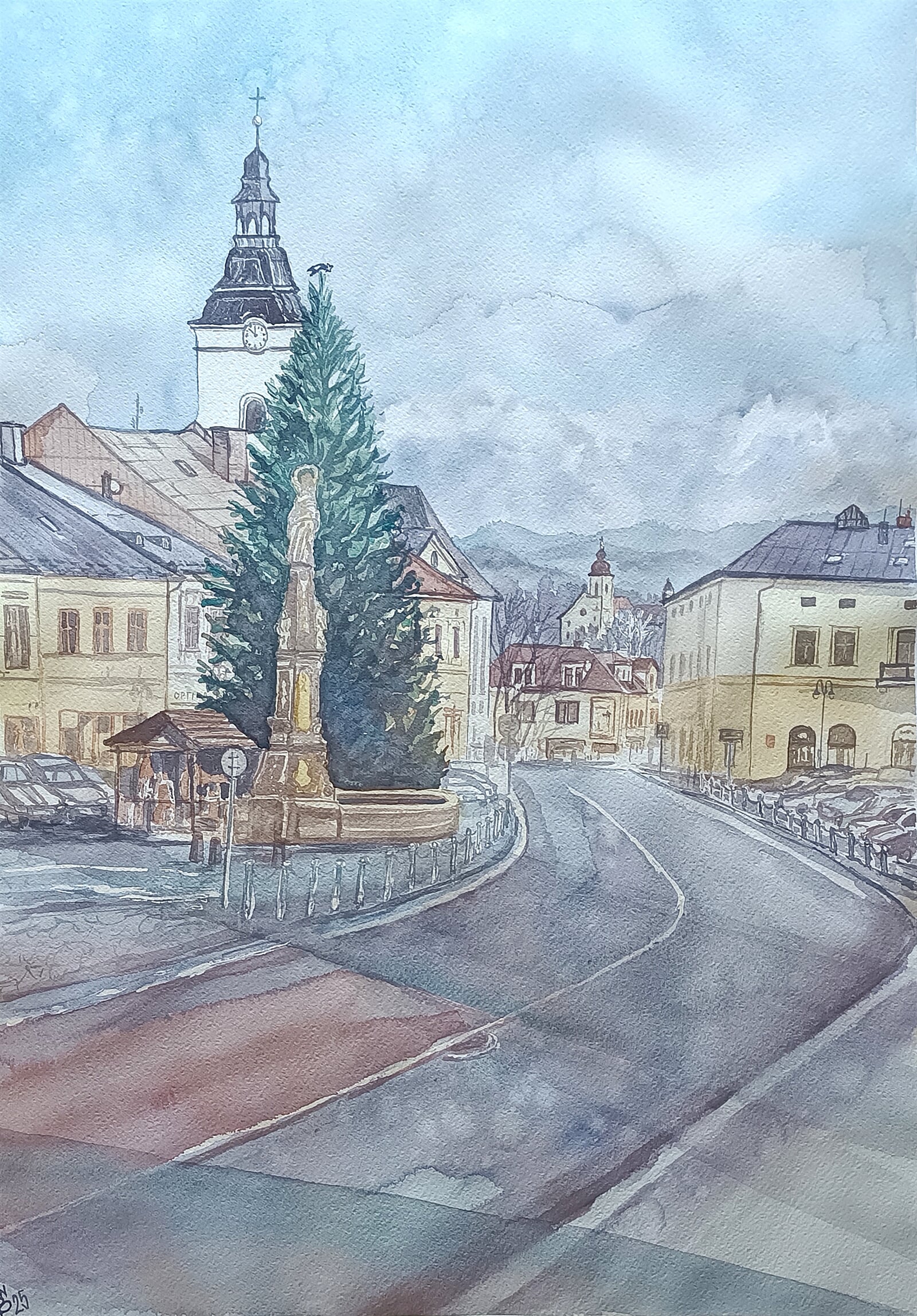 Blažena Niemcová: Jablunkov, náměstí, 70 × 50 cm