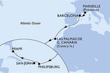 MSC GRANDIOSA - Francie, Španělsko, Nizozemské Antily, Portoriko, USA (z Marseille)
