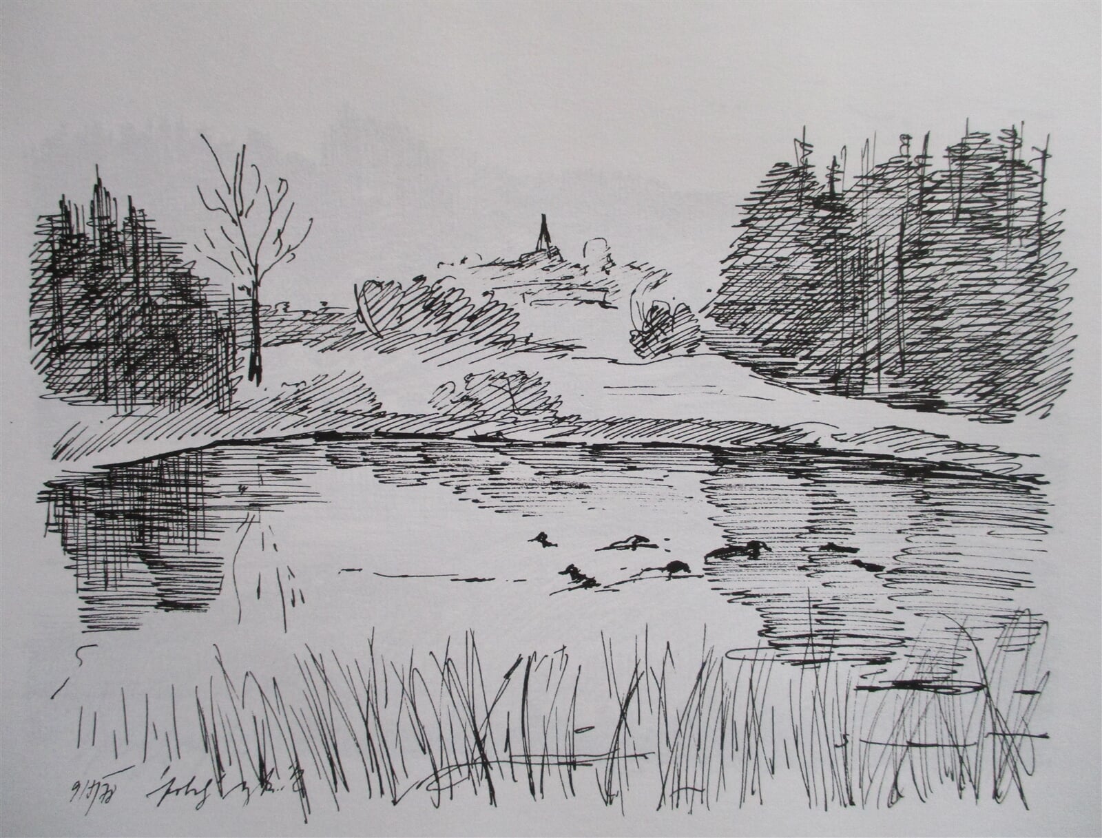 Jaroslava Jáněová: Spolský rybník, v pozadí Mladošovice, 15 × 21 cm
