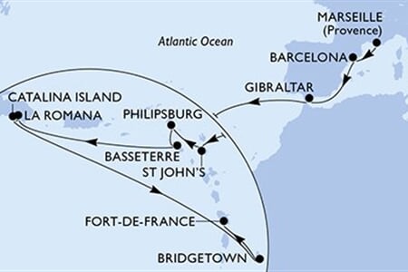 MSC Opera - Francie, Španělsko, Gibraltar, Antigua a Barbuda, Nizozemské Antily, ... (z Marseille)