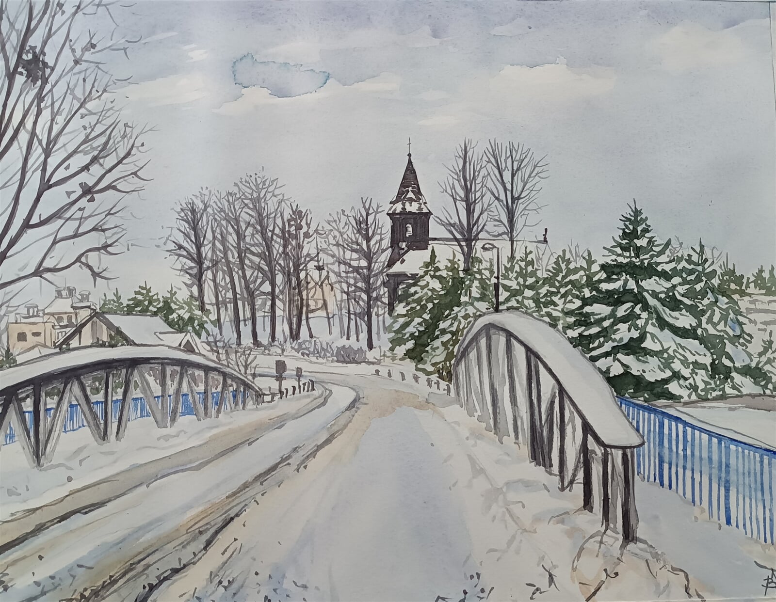 Blažena Niemcová: Katolický kostel v Bystřici pod sněhem, 30 × 40 cm