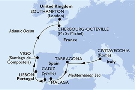 MSC MERAVIGLIA - Olaszország, Spanyolország, Portúgalia, Franciaország, Nagy-Britannia (a Civitavecchia-ből)