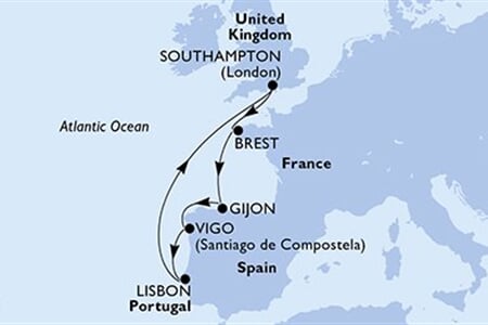 MSC MERAVIGLIA - Nagy-Britannia, Franciaország, Spanyolország, Portúgalia (a Southampton-ból)
