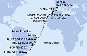 MSC Splendida - Španělsko, Gibraltar, Maroko, Brazílie, Uruguay, ... (z Barcelony)