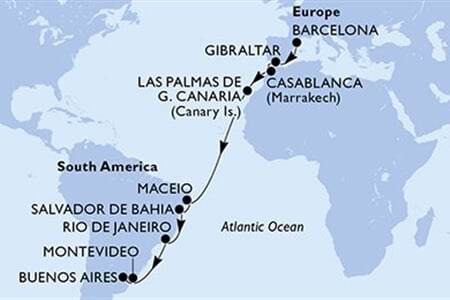 MSC Splendida - Španělsko, Gibraltar, Maroko, Brazílie, Uruguay, ... (z Barcelony)