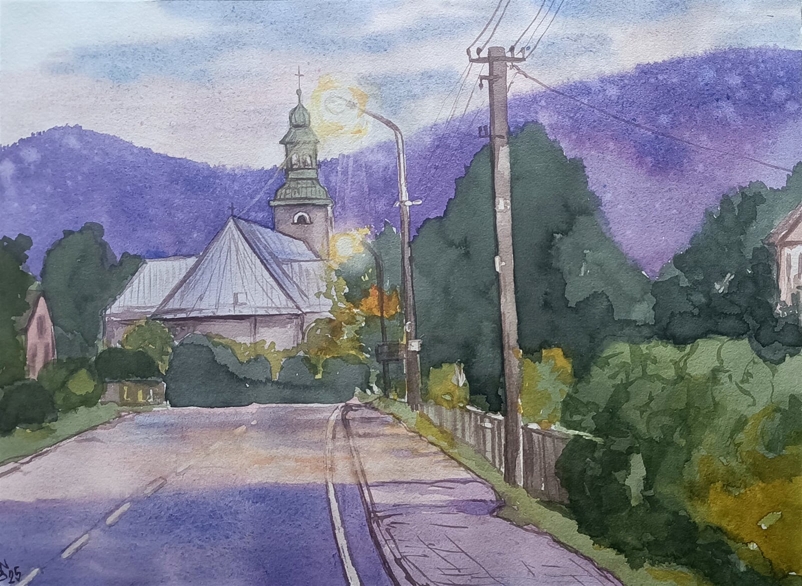 Blažena Niemcová: Evangelický kostel v Bystřici, 30 × 40 cm