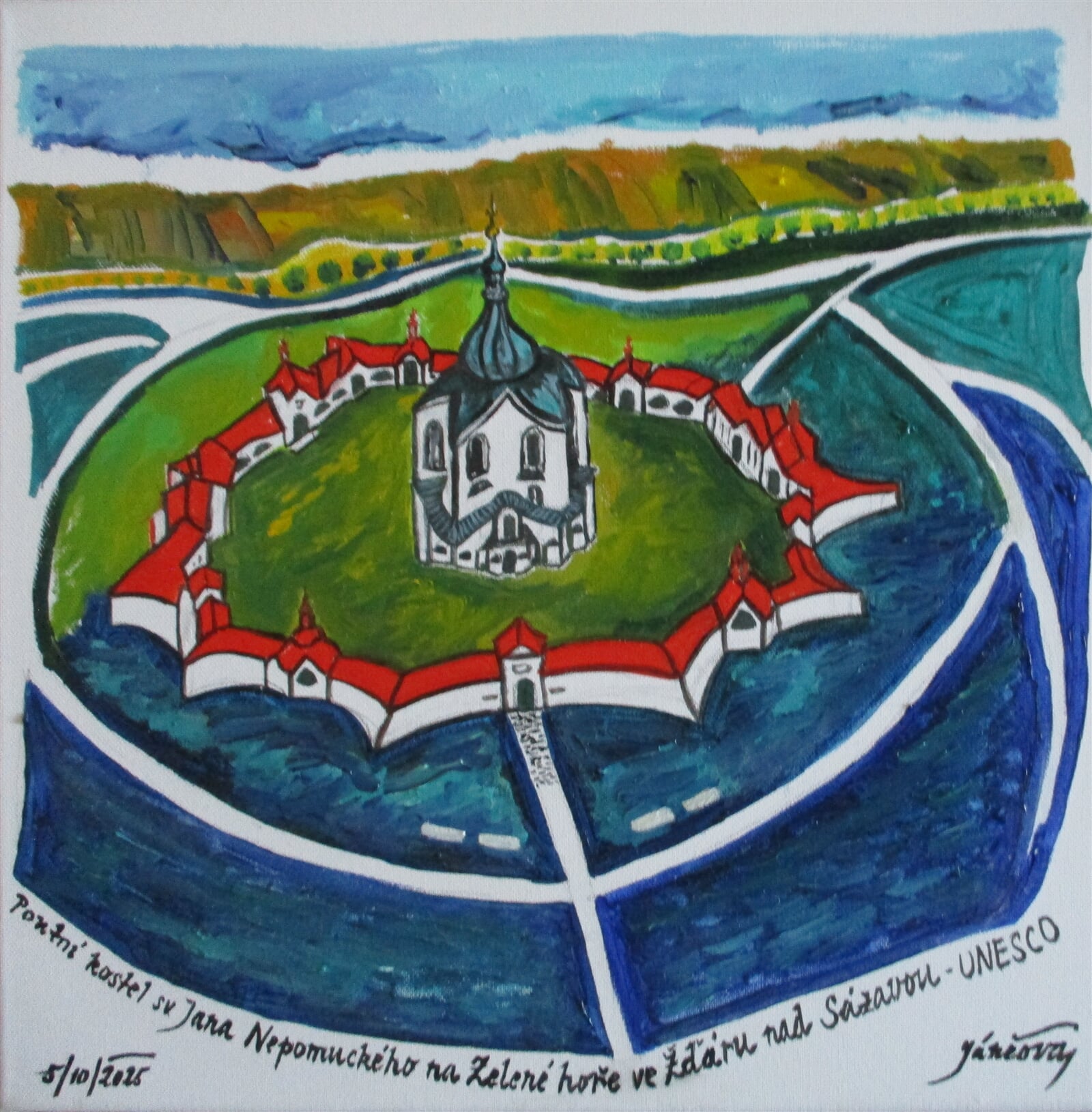Jaroslava Jáněová: Poutní kostel sv. Jana Nepomuckého na Zelené hoře ve Žďáru nad Sázavou - UNESCO, 40 × 40 cm