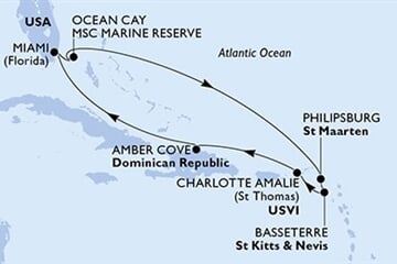 MSC Seashore - USA, Bahamy, Nizozemské Antily, Sv.Kryštof a Nevis, Panenské o. (americké), ... (z Miami)