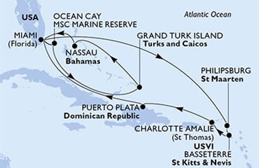 MSC Seashore - USA, Bahamy, Turks a Caicos, Nizozemské Antily, Sv.Kryštof a Nevis, ... (z Miami)