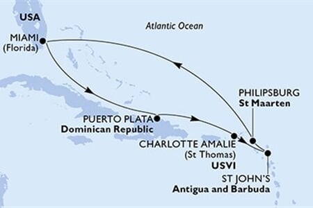 MSC SEASHORE - USA, Dominikán.rep., Panenské o. (americké), Antigua a Barbuda, Nizozemské Antily (z Miami)
