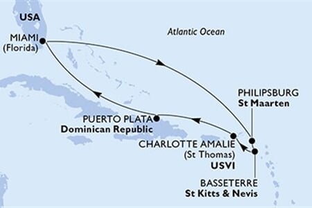 MSC SEASHORE - USA, Nizozemské Antily, Sv.Kryštof a Nevis, Panenské o. (americké), Dominikán.rep. (z Miami)