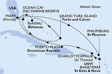 MSC SEASHORE - USA, Bahamy, Turks a Caicos, Nizozemské Antily, Sv.Kryštof a Nevis, ... (z Miami)