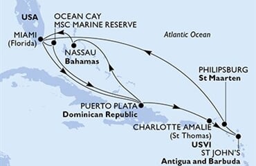 MSC Seashore - USA, Bahamy, Dominikán.rep., Panenské o. (americké), Antigua a Barbuda, ... (z Miami)