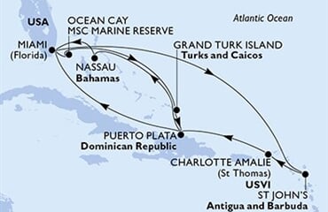 MSC Seashore - USA, Bahamy, Turks a Caicos, Dominikán.rep., Antigua a Barbuda, ... (z Miami)