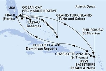 MSC Seashore - USA, Turks a Caicos, Bahamy, Nizozemské Antily, Sv.Kryštof a Nevis, ... (z Miami)