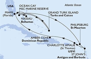 MSC Seashore - USA, Nizozemské Antily, Antigua a Barbuda, Panenské o. (americké), Dominikán.rep., ... (z Miami)